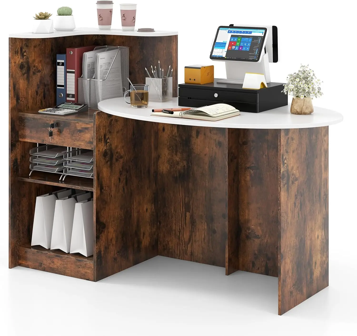 

Стойка регистрации с запирающимся ящиком и регулируемой полкой, передняя стойка с овальной столешницей, подставкой для розничного аппарата, офисным блоком