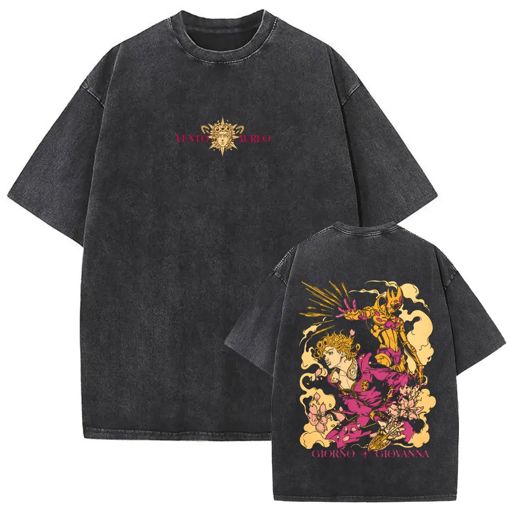 

Washed Vintage Anime Jojo Bizarre Adventure Giorno Giovanna T-shirt Men Women Manga Retro Oversized T Shirt Male Cotton T-shirts