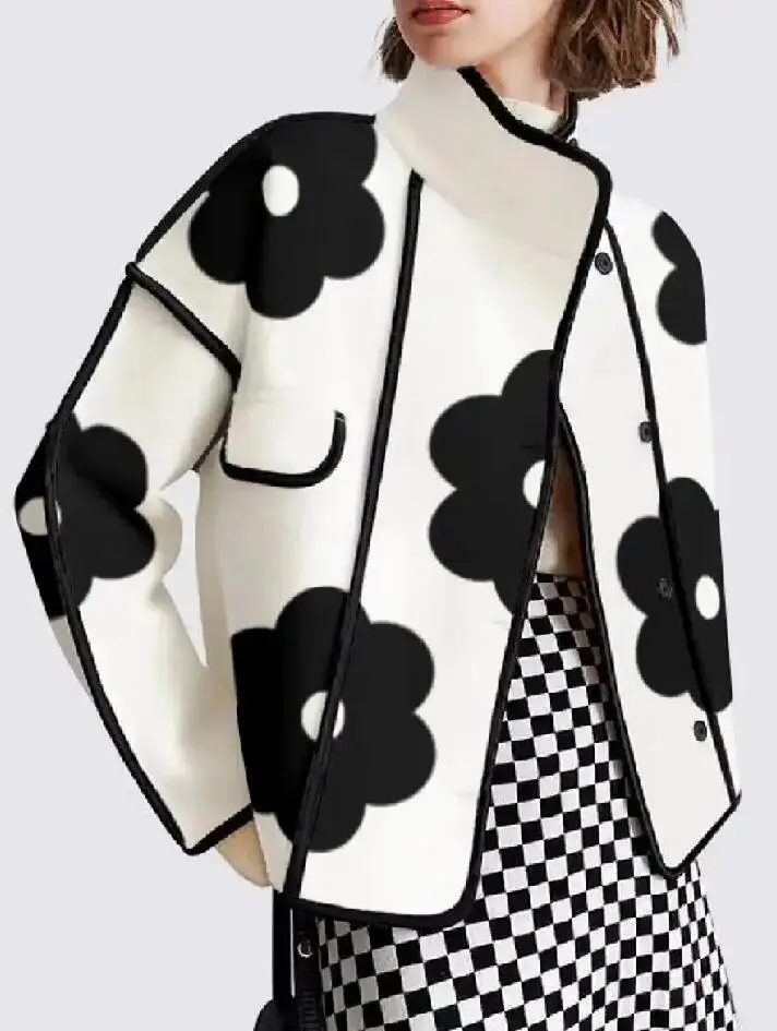 Women Spring Autumn Jackets Fashion Black Flower Print High-Neck Long Sleeves Buttoned Casual Outerwear Coats