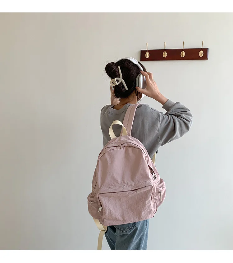 Sac à dos de styliste en nylon rose pour femmes, sac de jour solide à fermeture éclair, sac de voyage décontracté pour livre, sac d'école pour ordinateur portable