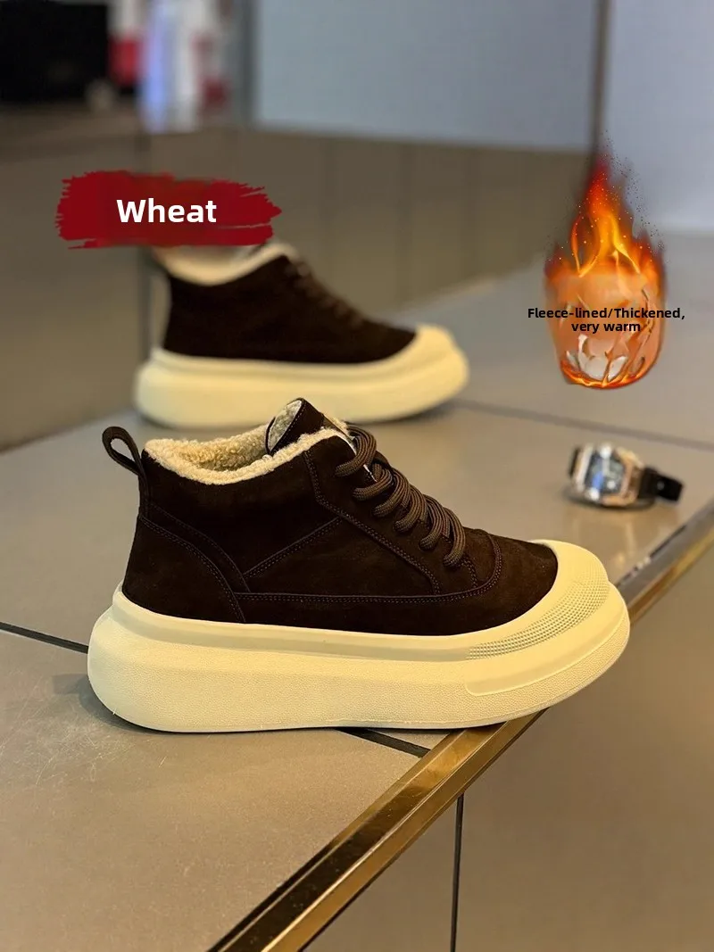 Men's Winter Snow Boots Fleece Lined Fur Integrated High Top Cotton Boots Outdoor Casual Heightening Workwear Cotton Shoes