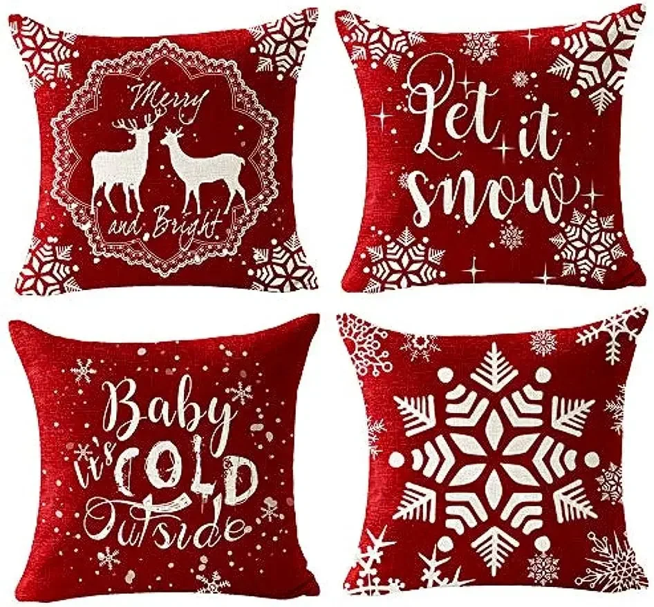 Merry Christmas Snowflake Red Deer Linen Decorative Pillowcase Cushion Case Family Sofa Cushion Cover cushion cover 45x45