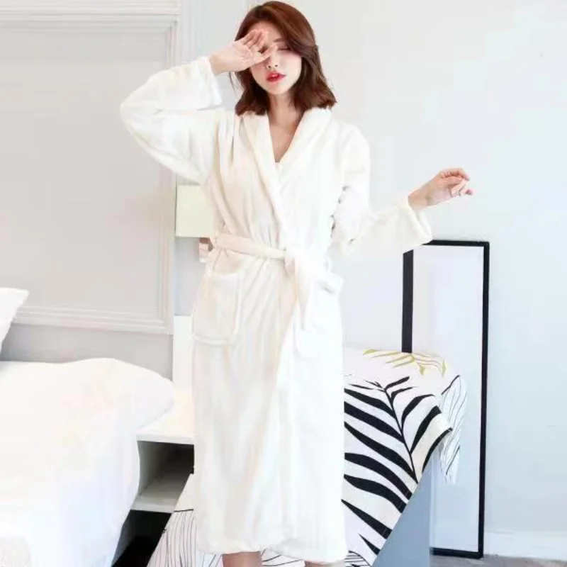 Women Coral Velvet Bathrobe Winter Flannel Dressing Robe Long Sleeve Extra Long Bathrobe Plus Size Hotel Lounge Sleepwear