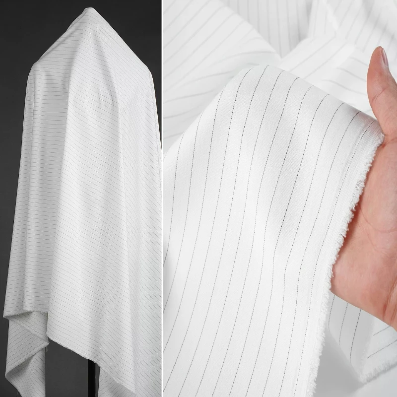 Tela de Traje Off-White de Lurex Pesado con Rayas Negras, Suave y Brillante para Faldas, Camisas, Pantalones de Oficina y Accesorios de Costura DIY