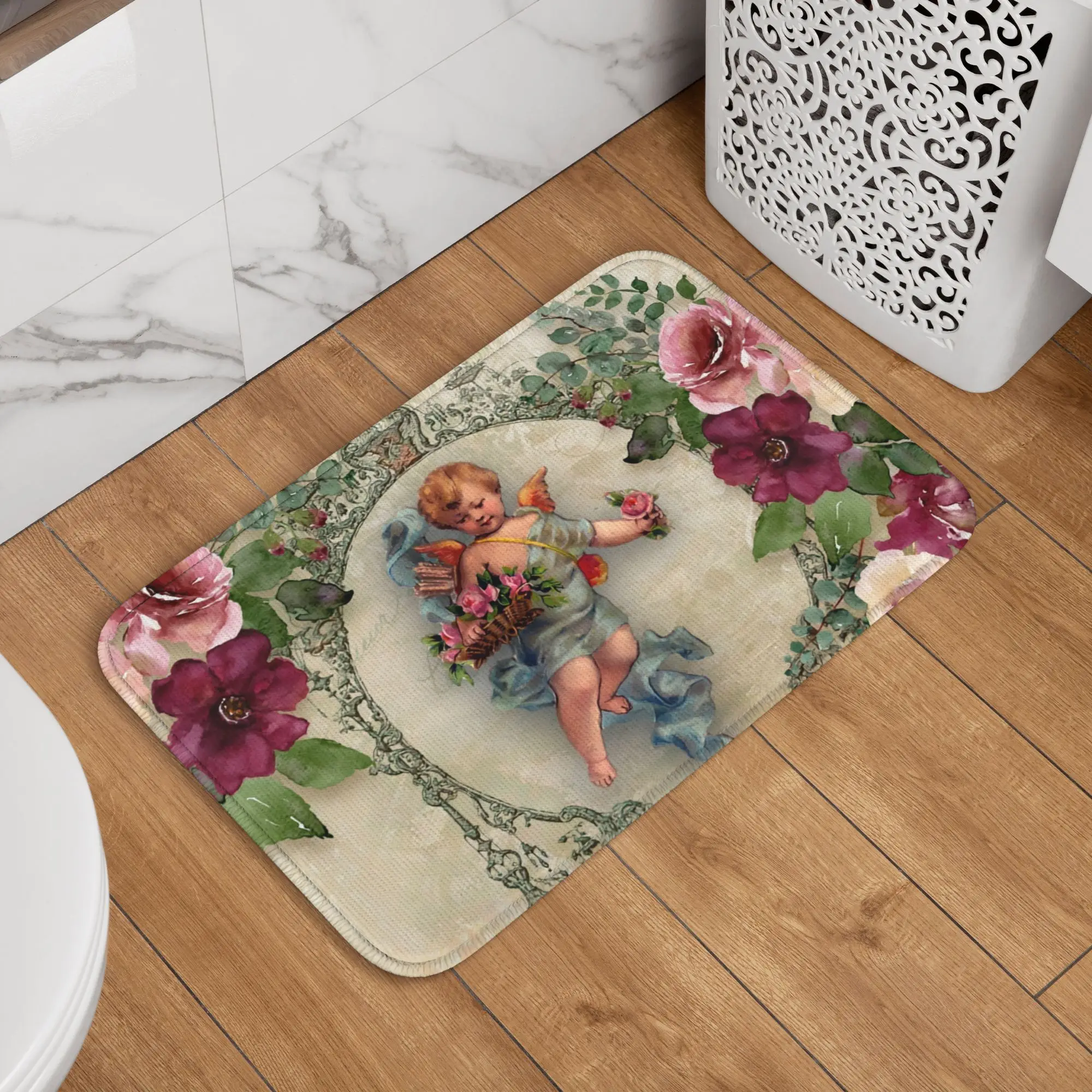 

Винтажный коврик с розами и ангелами в викторианском стиле, противоскользящий, для ванной, кухни, сада, гаража, прихожей
