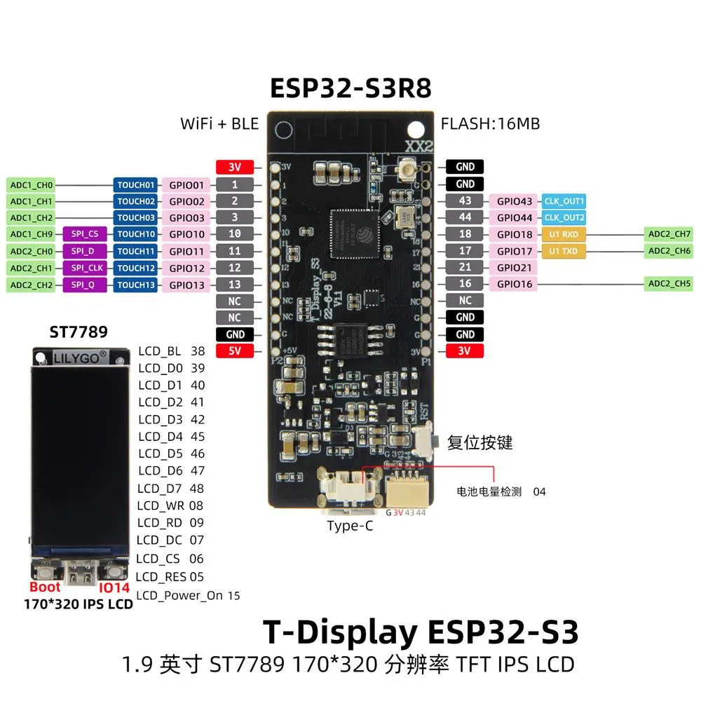 T-Display-S3 ESP32 S3 with 1.9 inch ST7789 LCD Display Development Board WIFI Bluetooth5.0 Wireless Module 170*320 Resolution