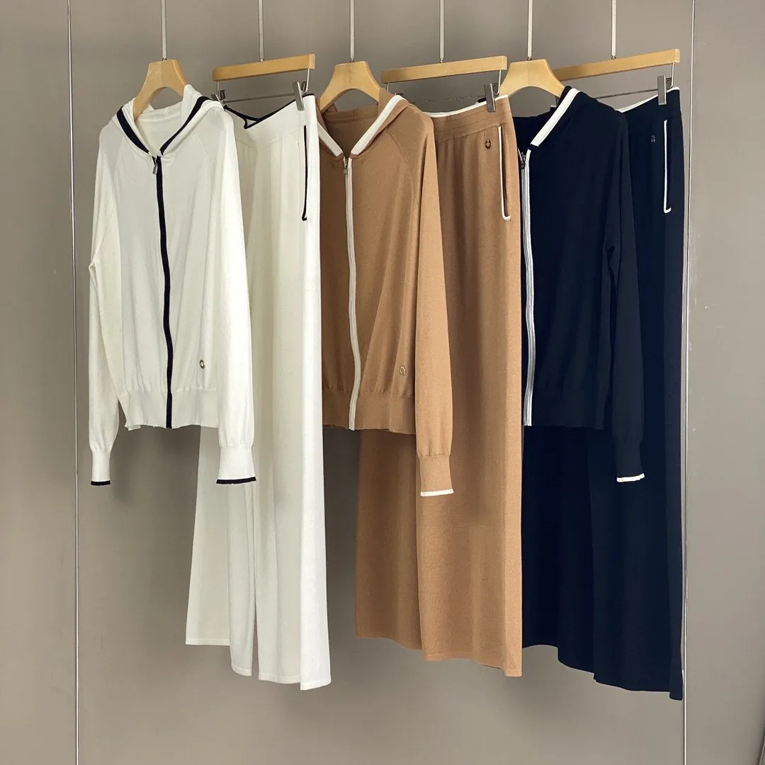 2025 ربيع/صيف جديد الحرير القطن المخلوطة كل مباراة محبوك هوديي أعلى عارضة مستقيم واسعة الساق السراويل دعوى