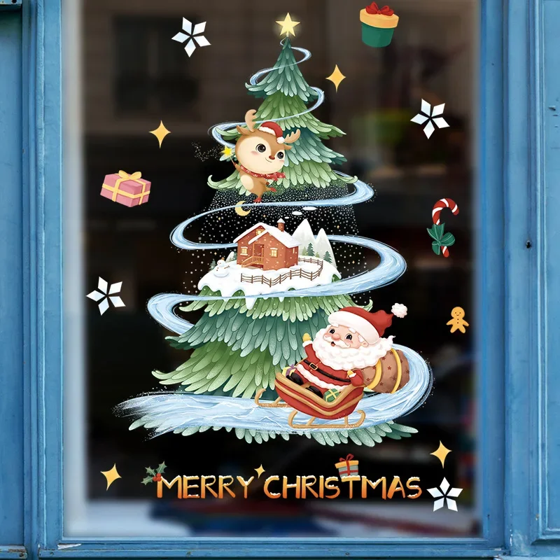 Cartoon Christmas Window Sticker Noel Glass Wall Decor Xmas Tree Static Electricity Sticker Moon Santa Elk Merry Christmas 2027
