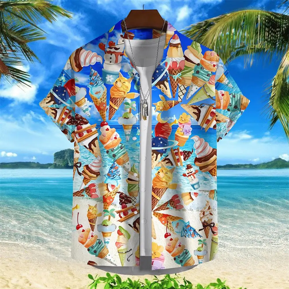 Hawaiian Shirt Ice Cream Printed Shirts For Men Spanish Short Sleeved Top Summer Streetwear Trendy Beach Party Social Clothing