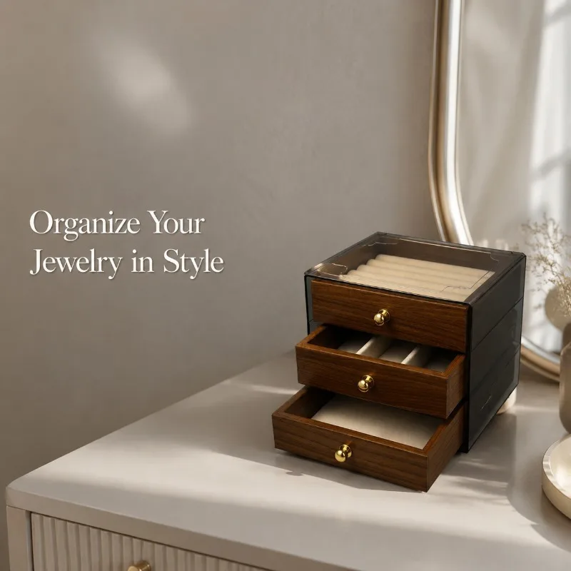 Wood Grain Smoky Clear Lid Jewelry Box 3‑Drawer Velvet Storage Dustproof Case Women Rings Earrings Necklaces Dresser Decor