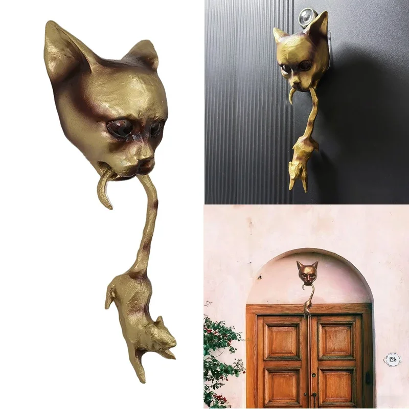 Wall Hanging Door Knocker Statue Cat Mouse Resin Vintage Door Knocker Garden Courtyard Doorbell Mounted Pile Outdoor Home Decor