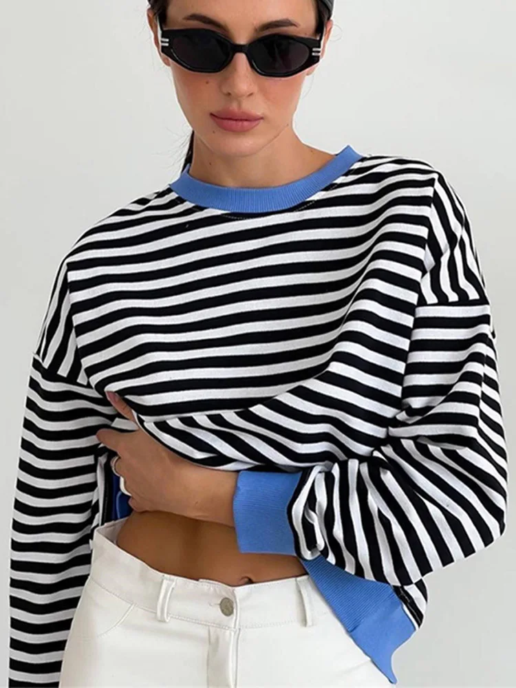 

Oversize Striped T-shirts Women Fashion O Neck Pullover Top Female Casual Loose Cotton Tees Ladies Retro Basic Streetwear TShirt