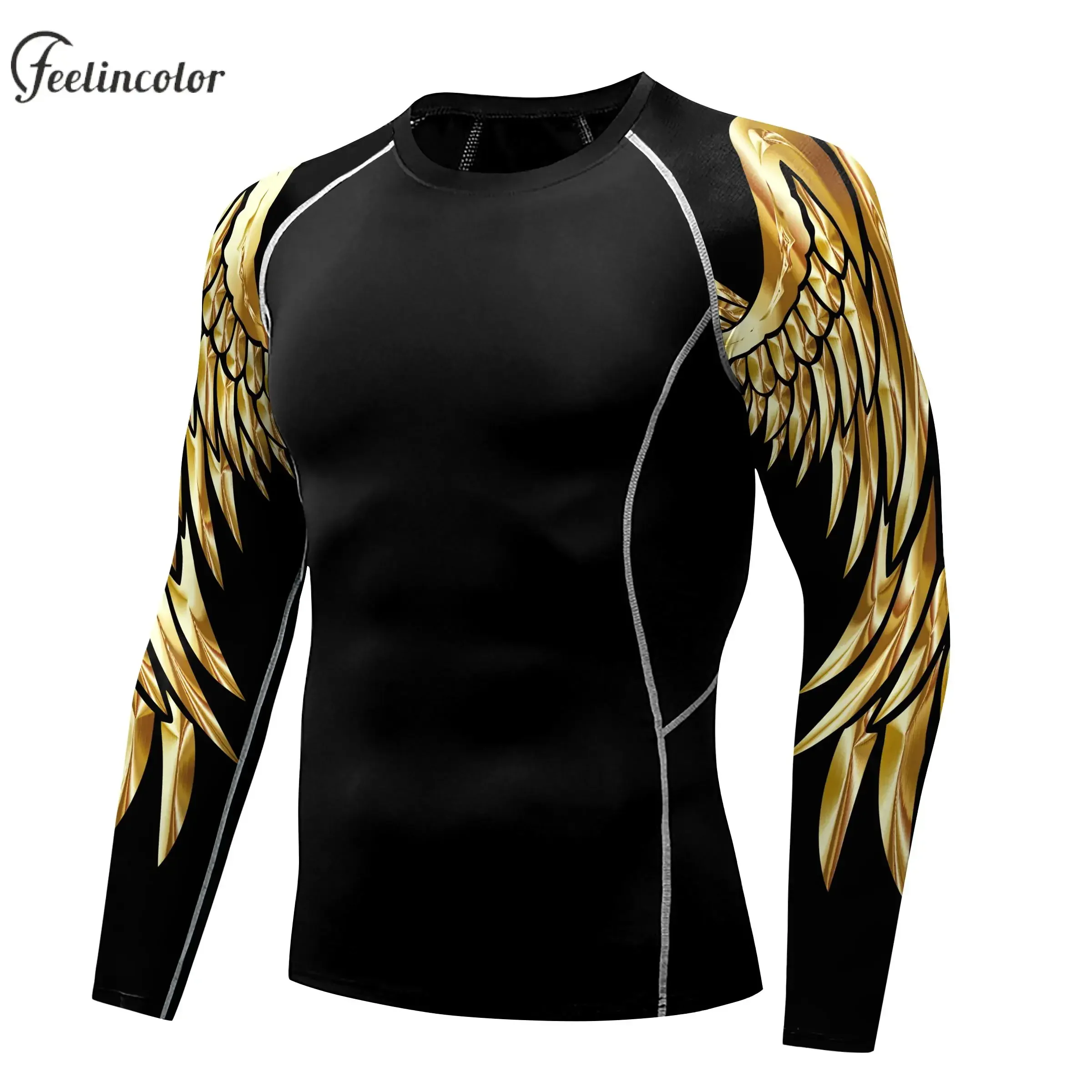 Compression Shirt for Men 3D Print Wing Graphic Tees Long Sleeve Fitness Crewneck Workout Top Quick Drying Summer Male Clothing