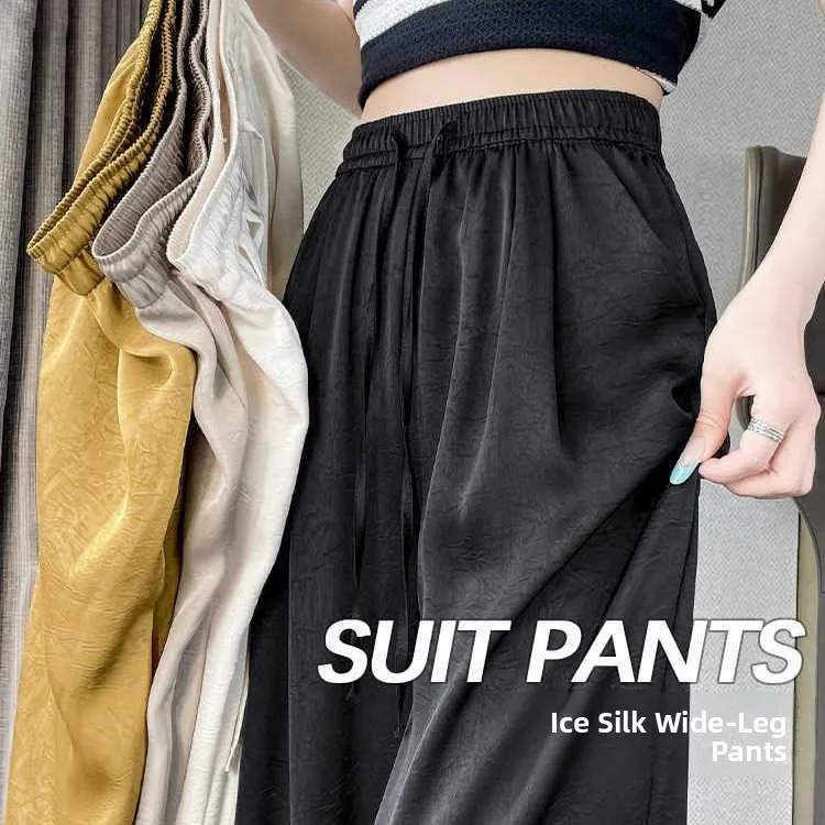 Slimming Wide Leg Pants Satin Ice Silk Drape Straight New Chinese Style National Trend Acetate Satin High Waist Elastic Free ...