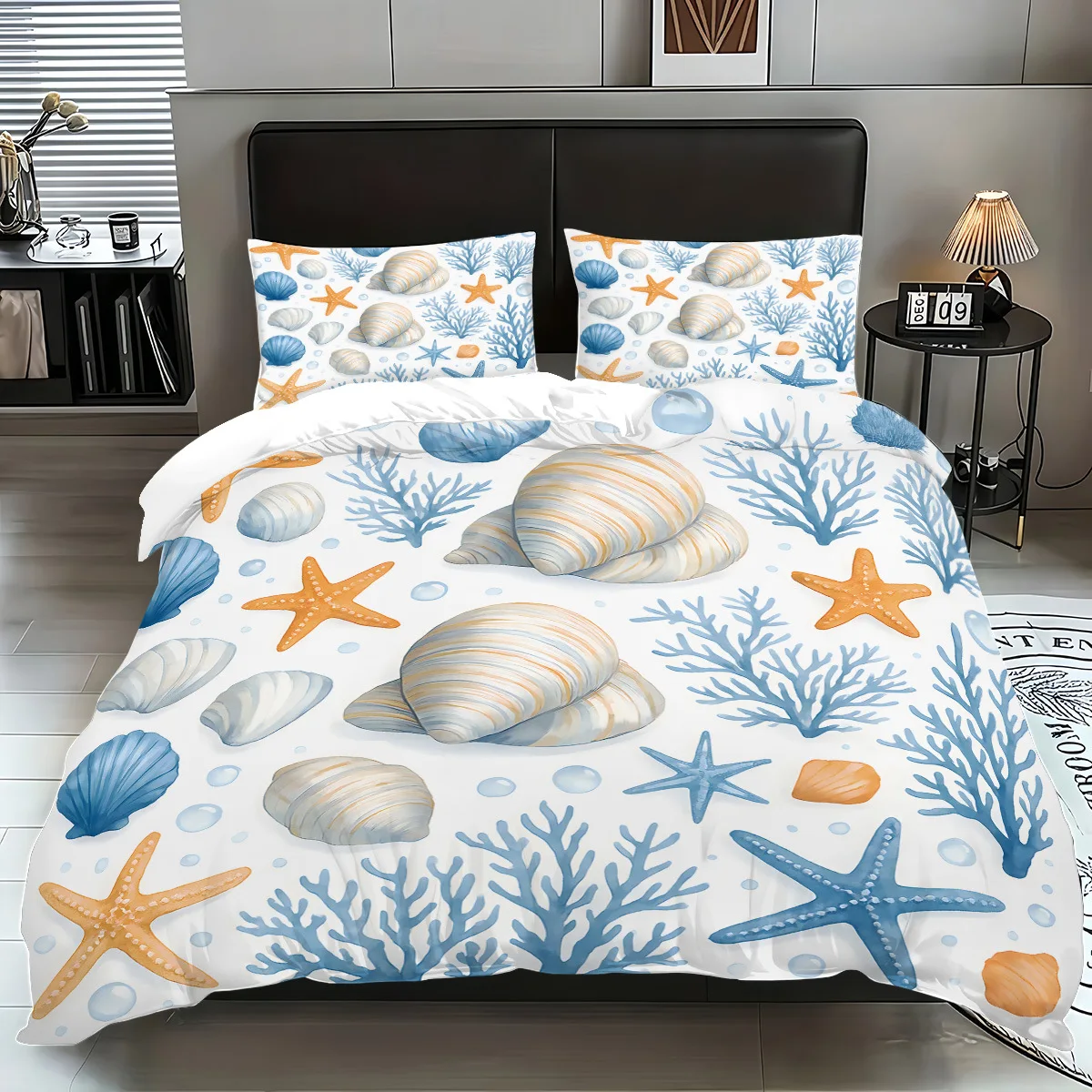 Starfish Shells Ocean Theme Duvet Cover Set 3Pcs Bedding Set with Pillowcases, Coastal Bed Cover for Bedroom Room Soft Bed Linen