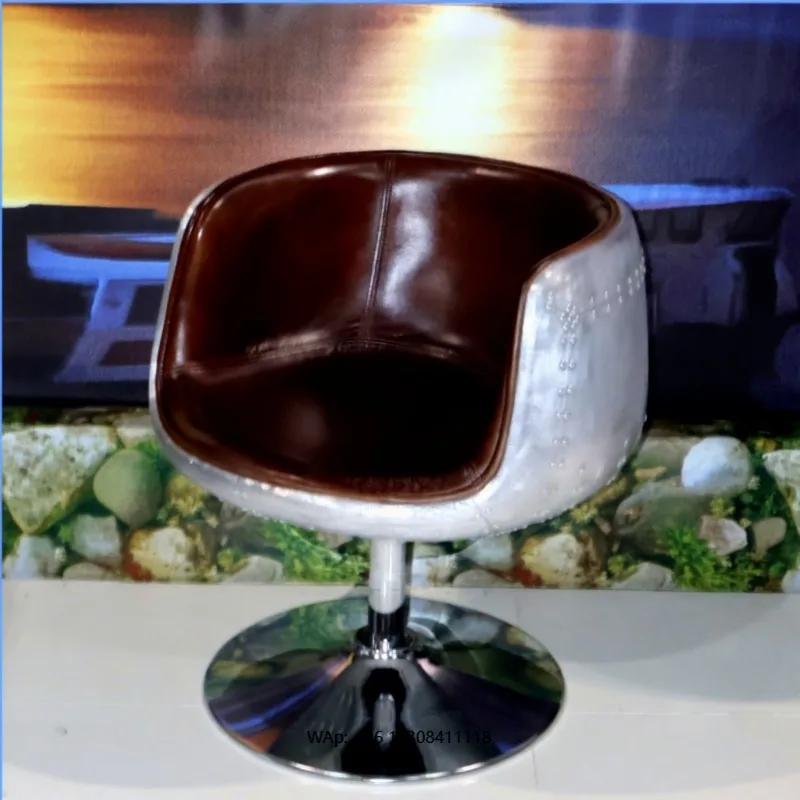 Aviator Industrial Design Antique Dining Chair Brown Genuine Leather Aluminium Back Round Steel Base Revolving Home Office