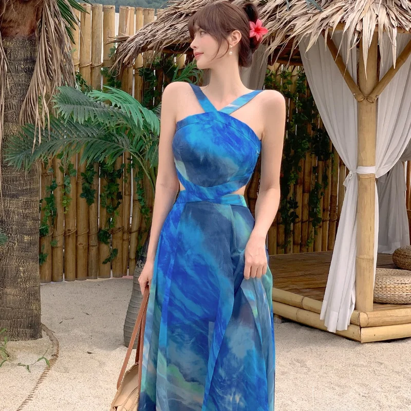ชุดเดรสชายหาดผ้าชีฟองทรงเอพิมพ์ลายเอวสูงพร้อมเข็มขัดและเนคไท รุ่น Summer 2024 Ele Godd Sle Long Svel Chiffon Dr  (Ne Han...)