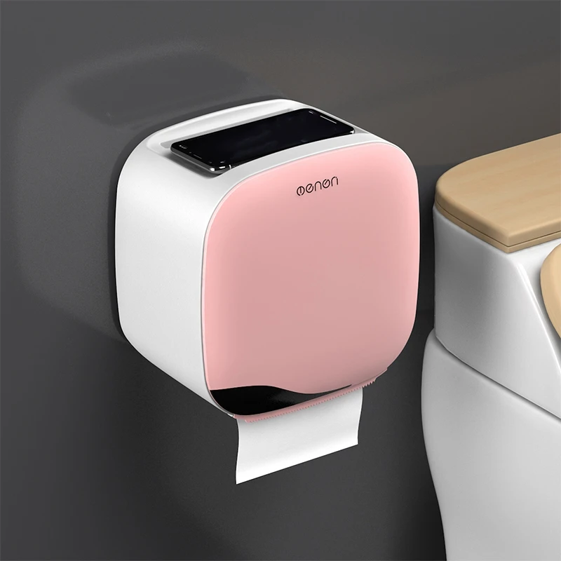 Wall-Mounted Toilet Paper Holder Tissue Box Waterproof Toilet Paper Box Roll Paper Tube Pink