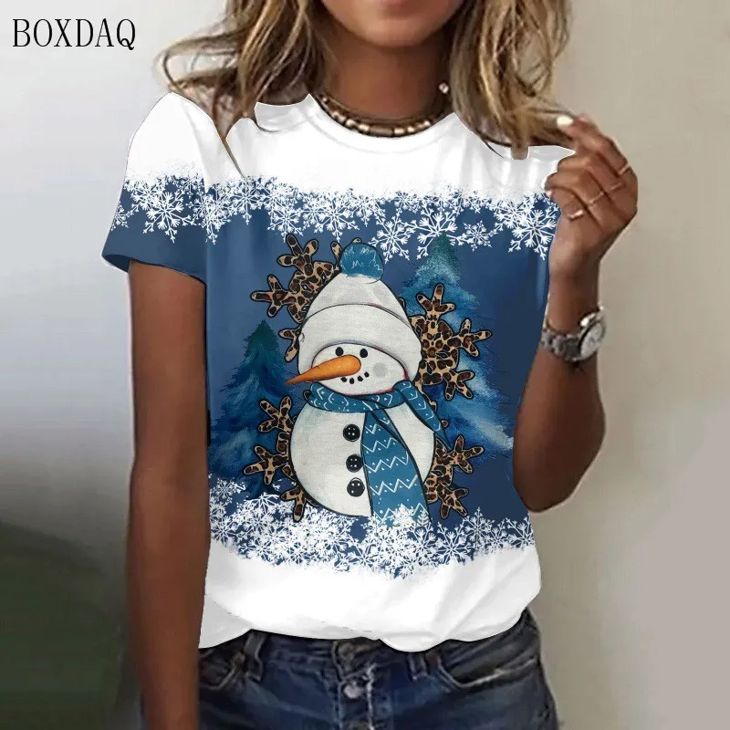 Camisetas de manga corta con estampado 3D para mujer, ropa de estilo de dibujos animados de muñeco de nieve de Navidad, Tops de calle para mujer, talla grande 3XL