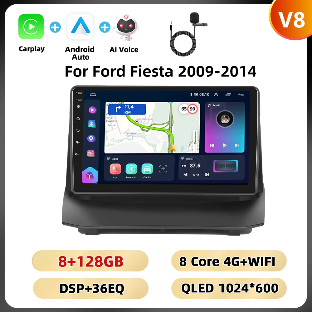 Podofo 2din 8Core Autoradio Voor Ford Fiesta 2009-2014 Multimediaspeler Gps Navigatie Wifi 4G Carplay Android Autoradio