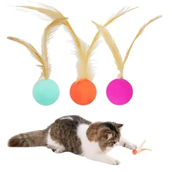 Pet Elastic Ball With Feather Cat Toy Interactive Kitten Cat Teaser Ball High Rebound Cat Nibble Toy Ball Pet Supplies
