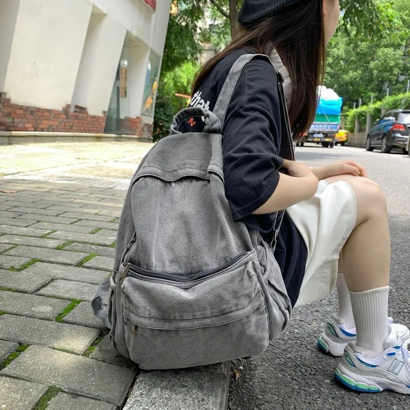 Vintage Simple Fashion Blue Gray Denim School Travel Backpacks for Women College Students Large Capacity Schoolbag Shoulder Bags