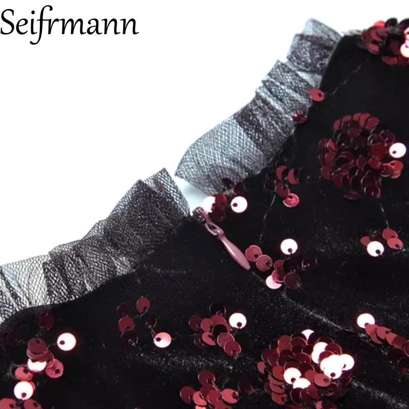 Seifrmann 2026 printemps femmes nouvelle mode col rond à manches longues mousseux velours épissage maille taille cintrée robe