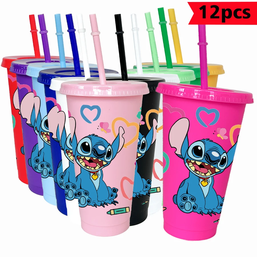 

12Pcs/pack Disney Stitch Love 26oz Color Plastic Tumbler Birthday Party Drinking Utensils Juice Coffee Mug