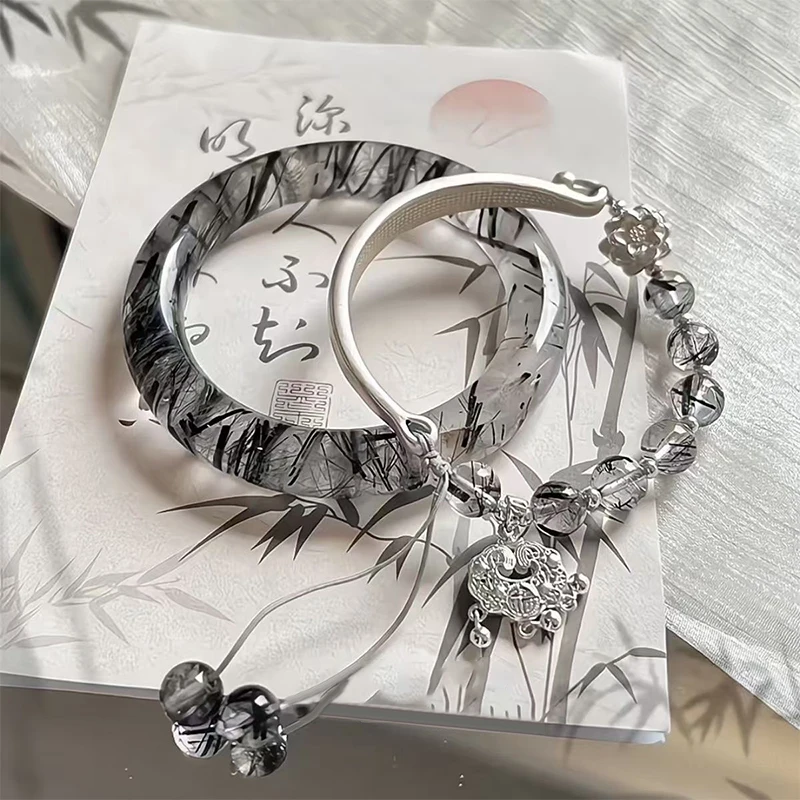 Chinese Antique Style Imitation Jade Lotus Bangle Chinese Style Tassel High-end Bamboo Bracelet Collection Jewelry Gift Femme