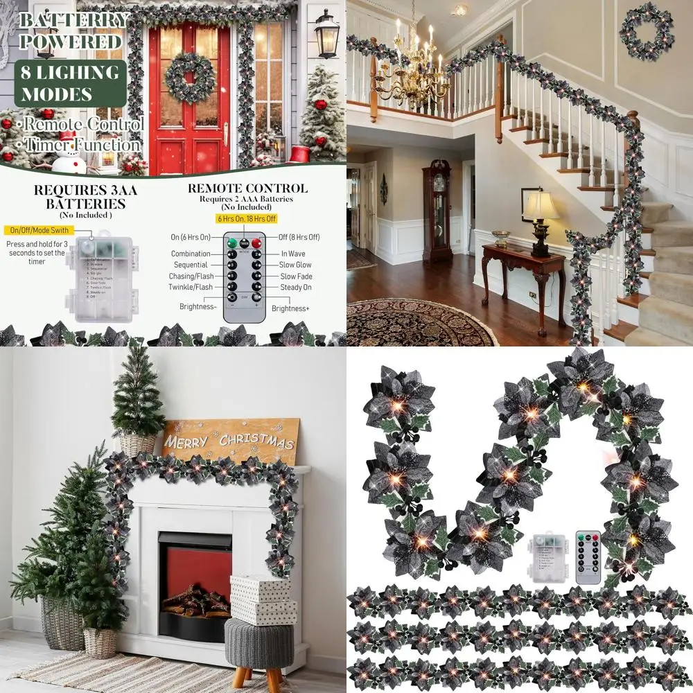 

Battery-Powered Pre-Lit Poinsettia Garland with String Lights, Glitter Holly Leaves, Berries, Remote, 8 Modes, 6.5ft for Indoor/