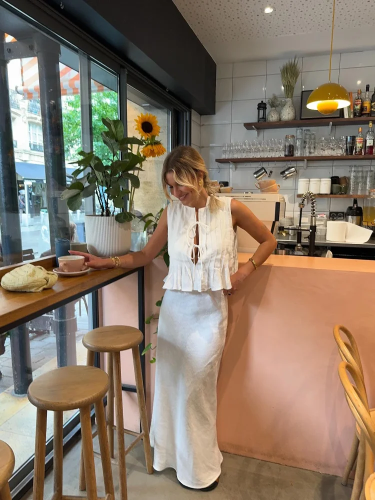 Conjunto de 2 piezas para mujer, Top con volantes y cordones, camisa elegante sin mangas, falda larga, ropa de oficina, 2024