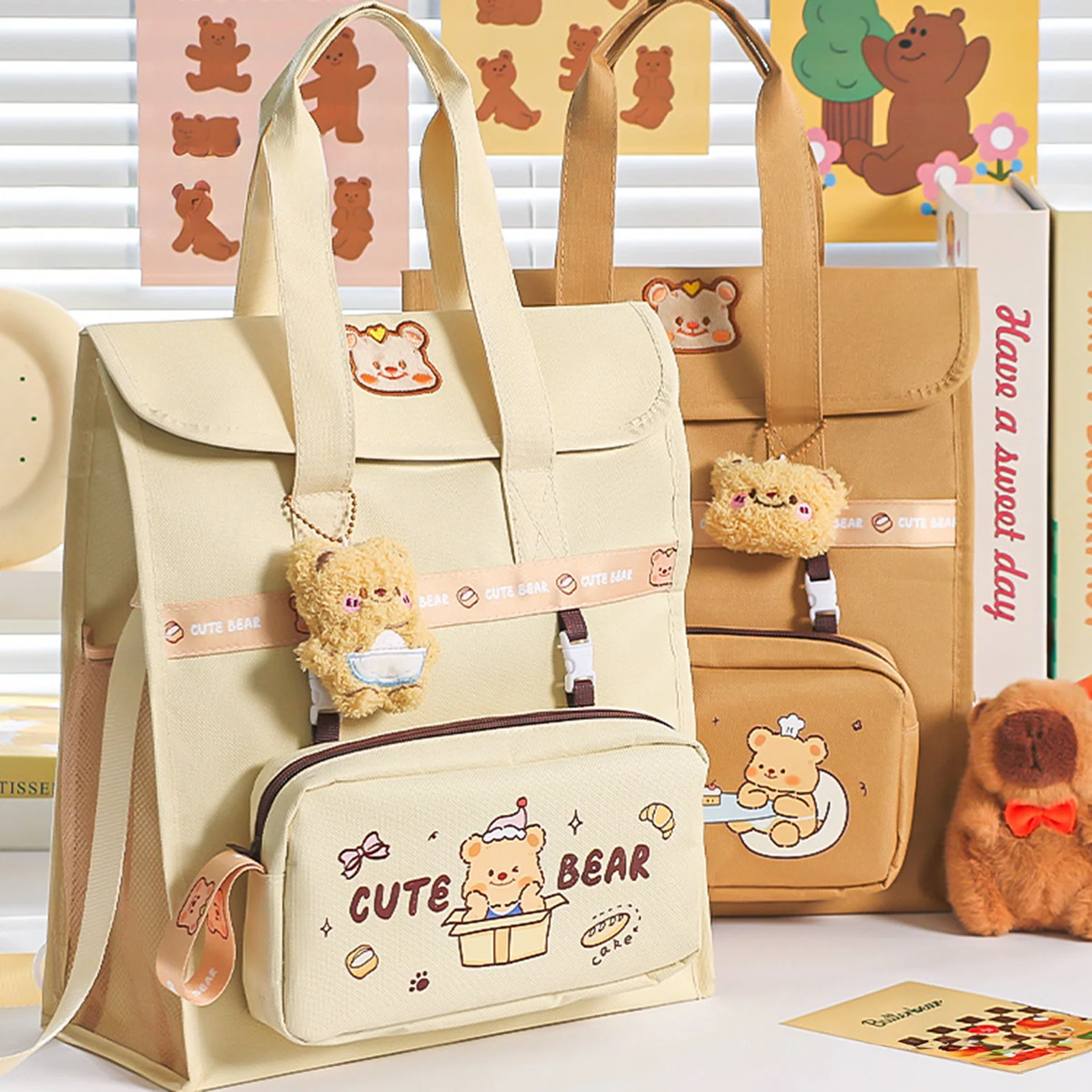 حقيبة ظهر لطيفة على شكل دب مع حزام قابل للفصل، متعددة الوظائف، سعة كبيرة، حقيبة طالب، منظم اللوازم المدرسية للأطفال والمراهقين