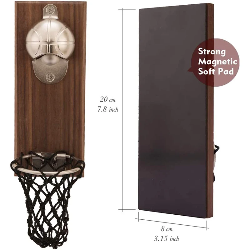 LMETJMA Magnetic Basketball Bottle Opener Wooden Wall-mounted Beer Bottle Opener with Cap Catcher Ideal Gift for Basketball JT82