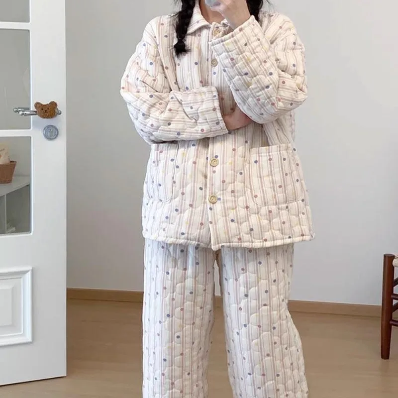 

Корейская версия, женские осенне-зимние пижамы для отдыха, утепленная домашняя одежда, верхняя одежда в горошек, женская студенческая теплая домашняя одежда