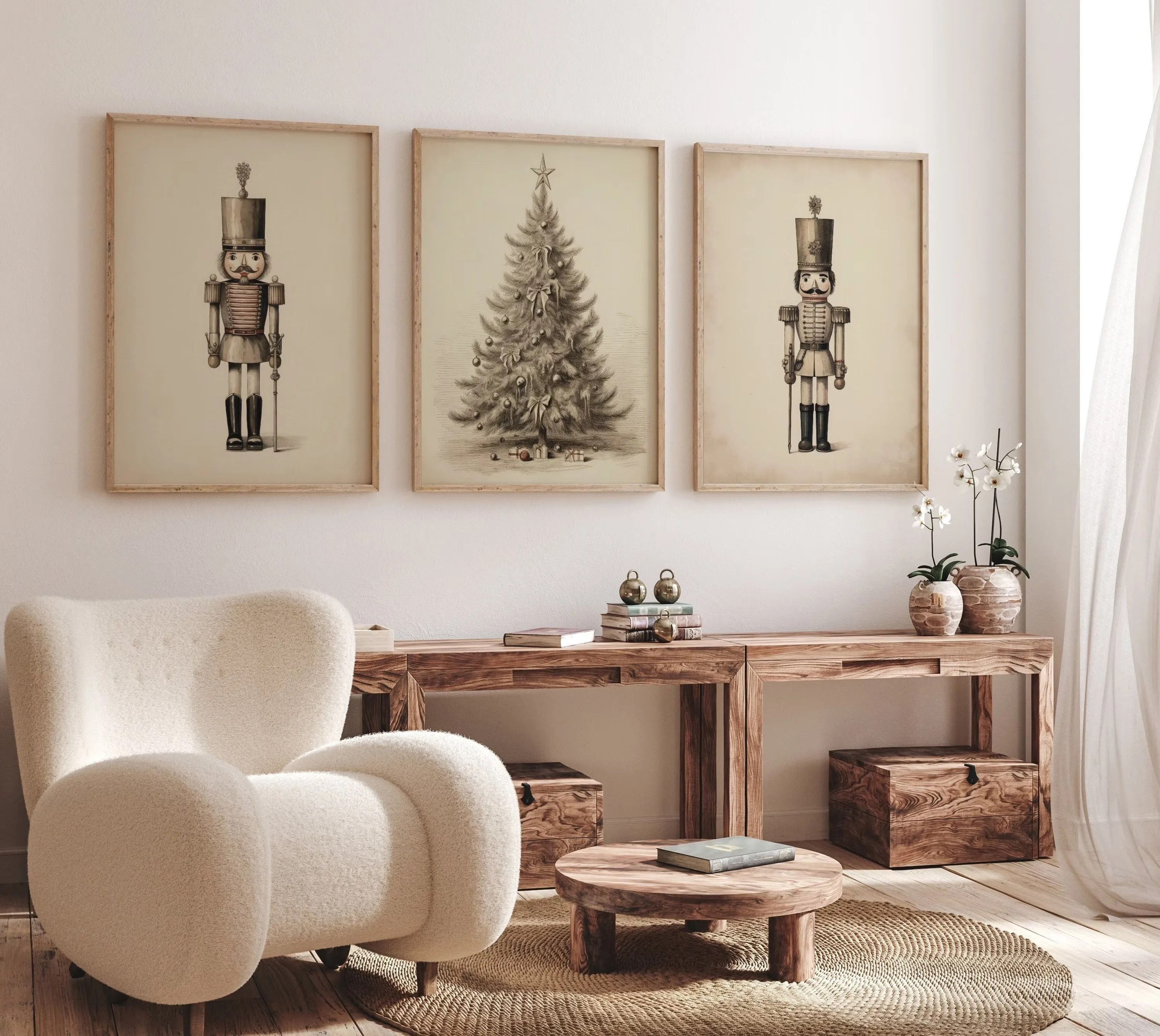 3 teile/satz Weihnachten Baum Nussknacker Leinwand Druck Rentier Bogen Kiefer Weihnachten Wand Kunst Poster Drucke für Schlafzimmer Wohnkultur
