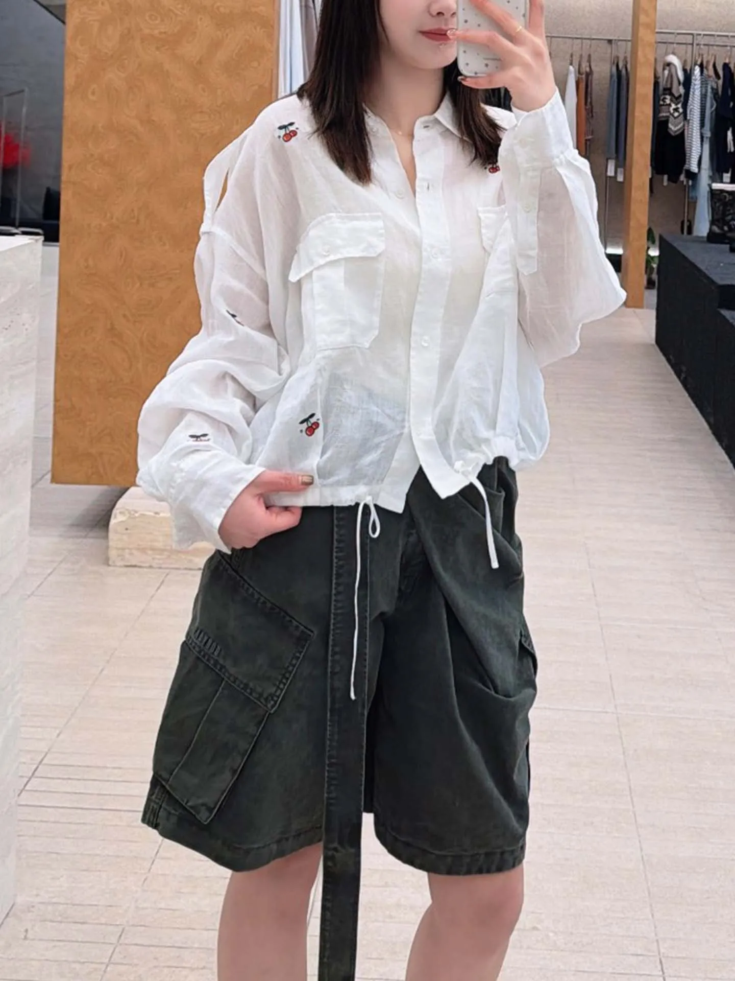 

Pure Quality Cherry Embroidery Shirt Thin Breathable Loose Drawstring Long Sleeve Women's Casual Comfortable Spring Shirt