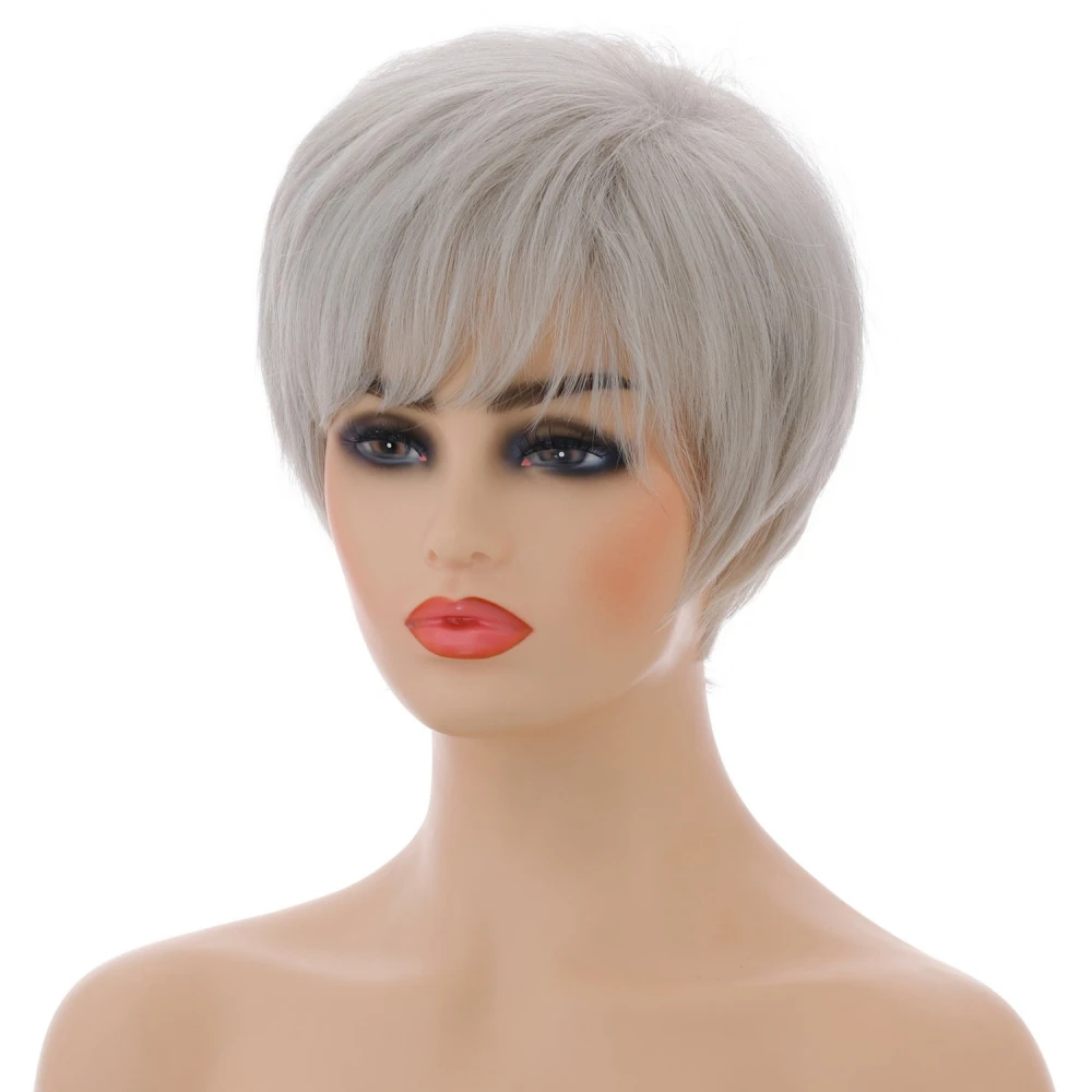 Short Synthetic Hair Silver White Straight Wave Wigs For Women Pixie Cut Natural Wig Old Lady Wig Granny Grey Blanche Daily Use