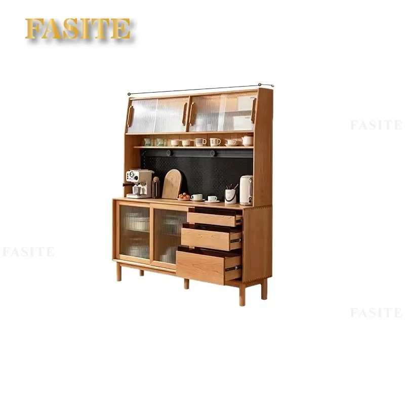 Nordic Solid Wood Dining Sideboard Cherry Kitchen Storage Cabinet Tall Pantry Cupboard for Home Restaurant Dust Proof Simple