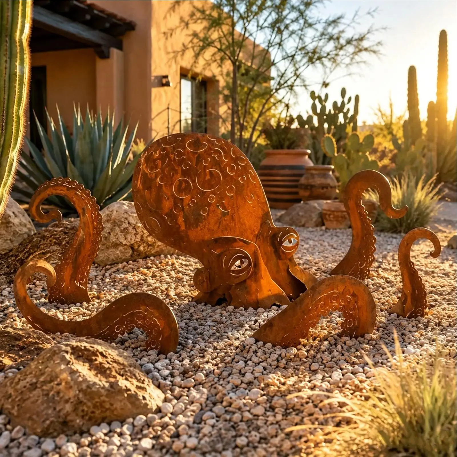 Octopus Statue Vintage Iron Squid Sculpture Figurine Coastal Art Rust Giant Octopus for Outdoor Lawn Pathway Park Backyard Patio