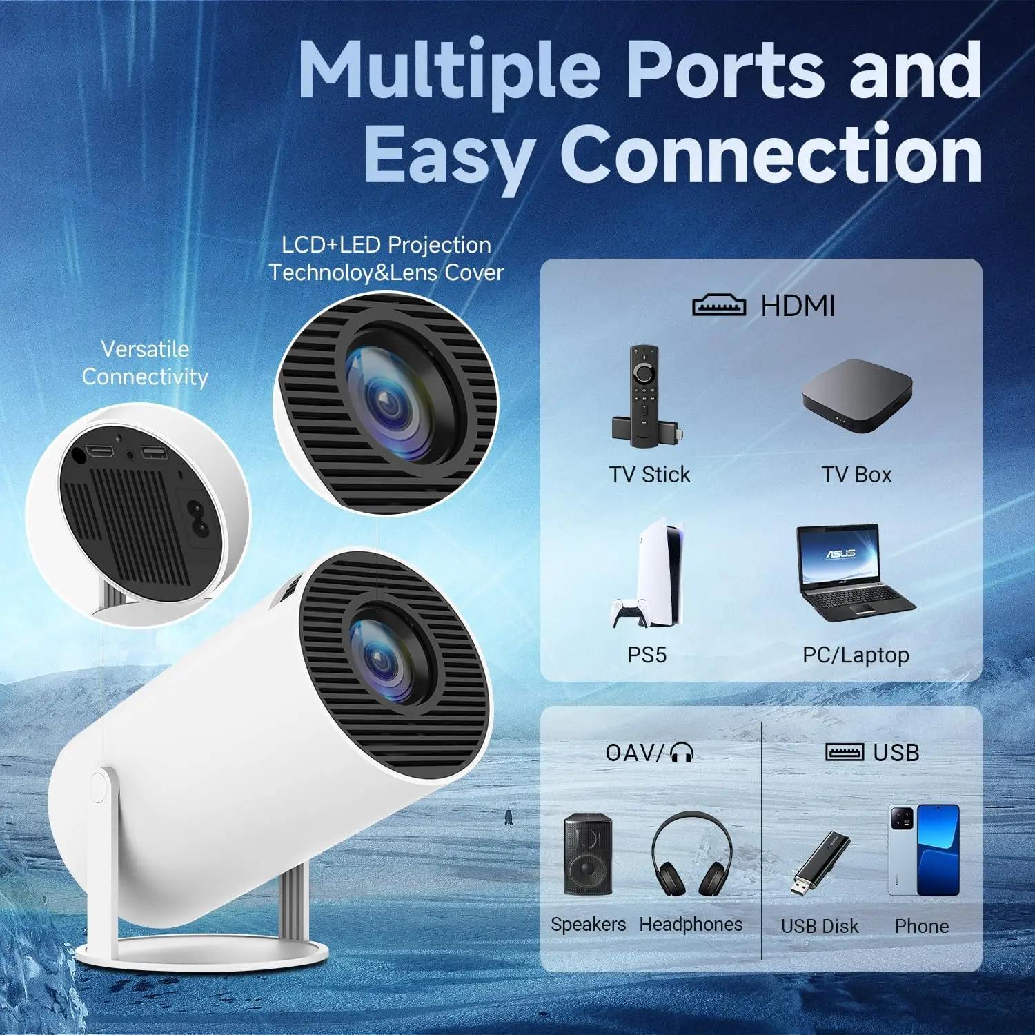 Mini Proyector WiFi Bluetooth, Portátil, Compatible con 1080P 4K, con Netflix, Compatible con Android, iOS y Windows