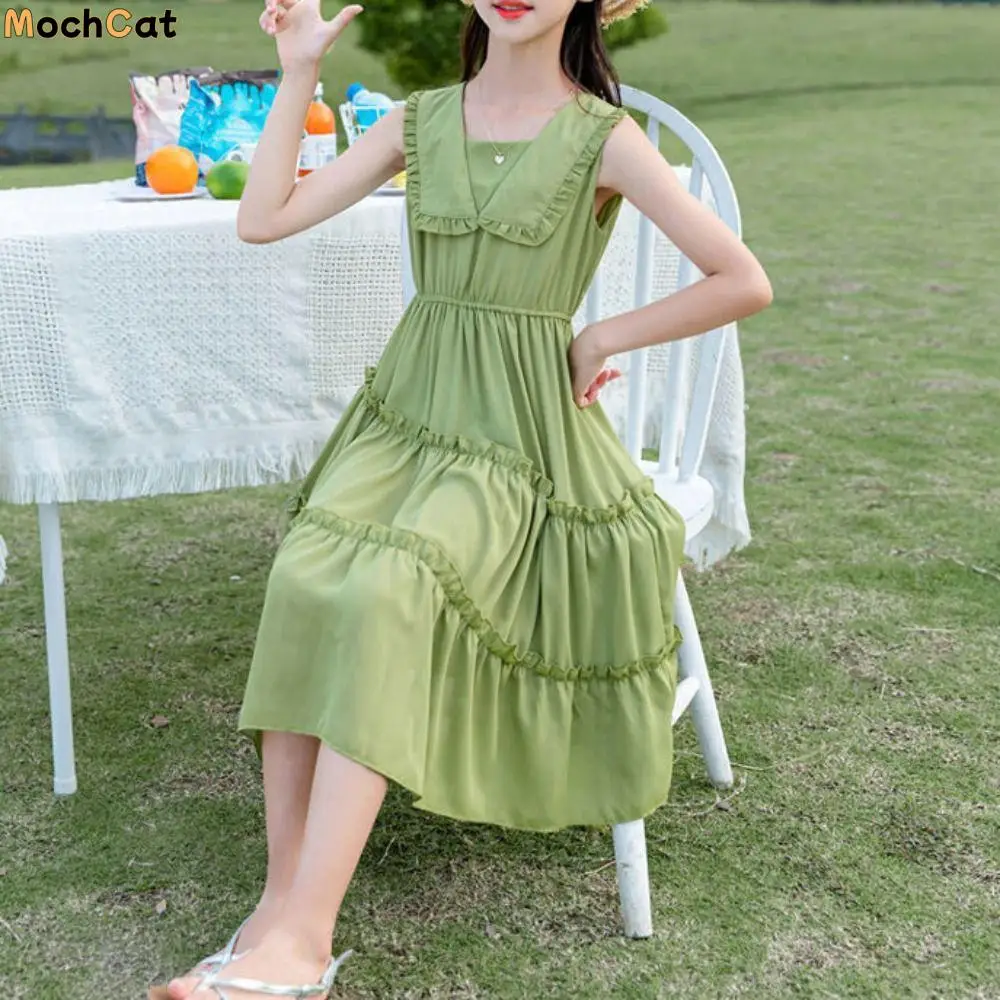 

Elegant Doll Collar Girls Princess Dress Party Teens Summer Cake Dress Beach Vacation Sweet Children Long Dress Holiday
