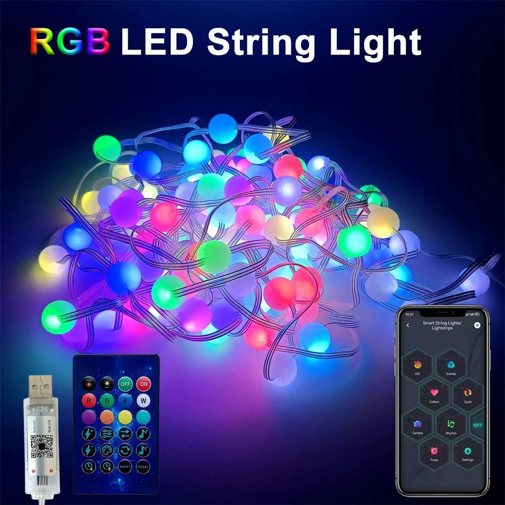 WS2812B RGB Round Ball LED String Light Bluetooth Smart APP USB Plug Outdoor Waterproof Hanging Lights For Christmas Party Decor