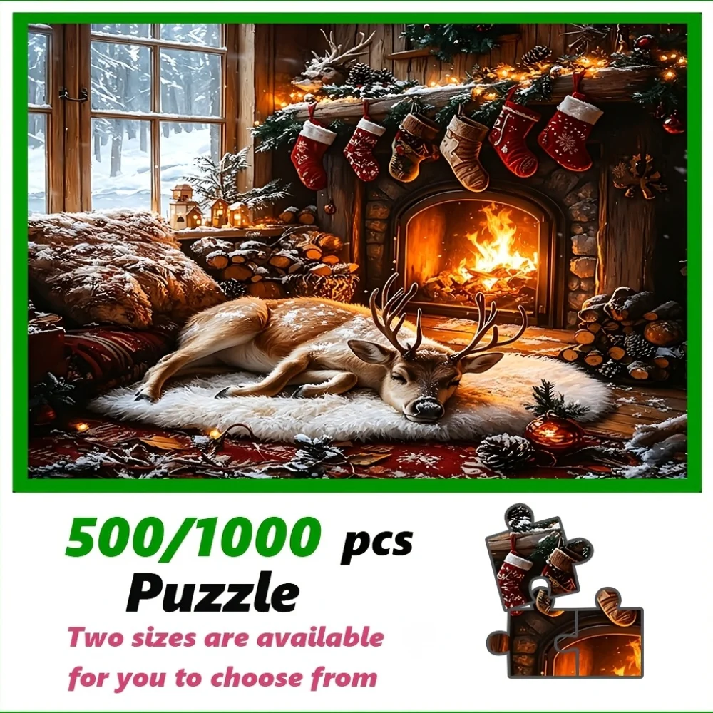 Cozy Christmas Scene Jigsaw Puzzle, Warm Fireplace, Xmas Bookshelf, Holiday Cottage Lights, Multi Size Paper Puzzle for Adults