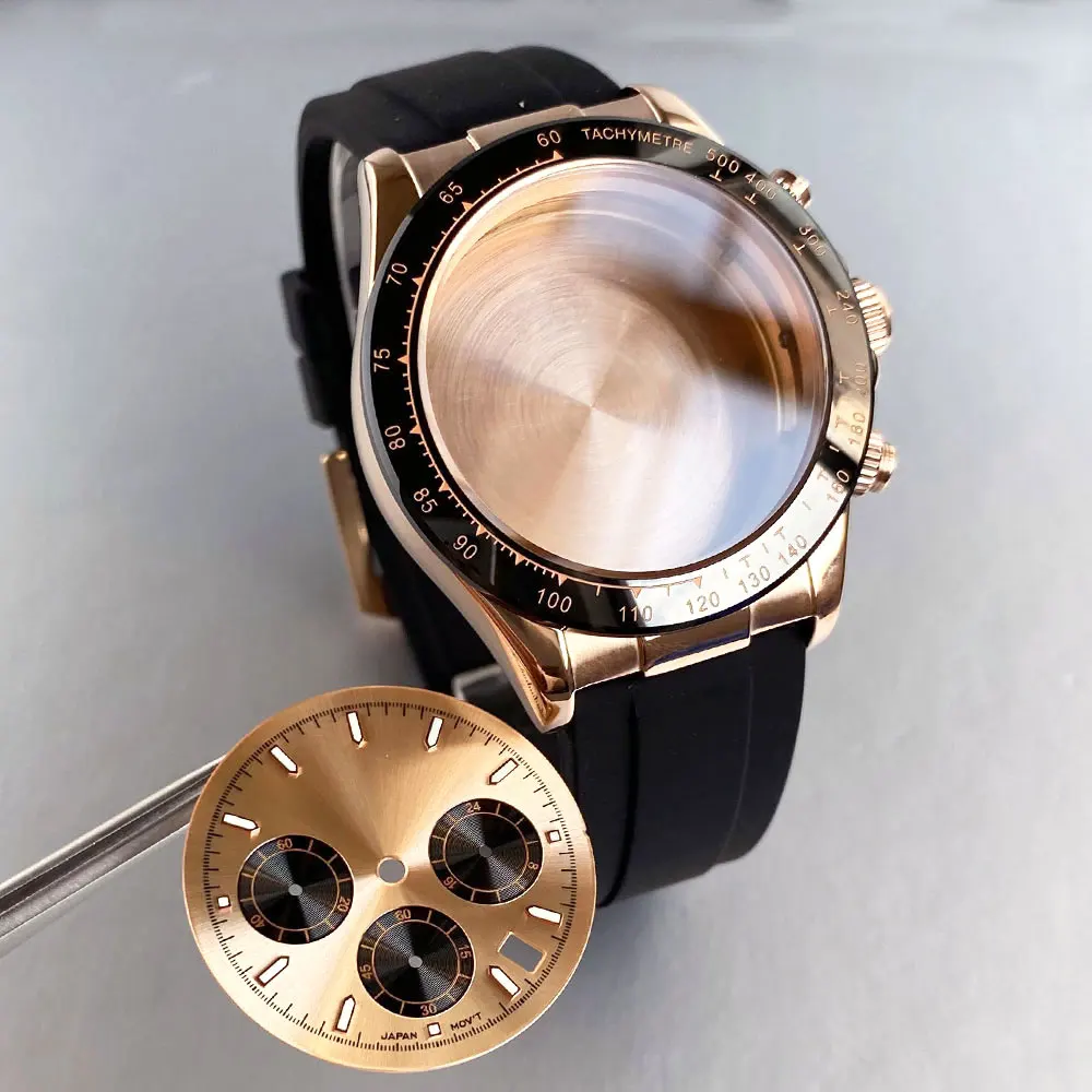 Caja de acero de 39mm + esfera + movt + conjunto de correa, accesorios de reloj para hombre aptos para cronógrafo de cuarzo VK63, piezas de cristal de zafiro multifunción