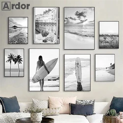 Black And White Canvas Poster Sea Beach Girl Art Painting Surfboard Print Posters Nordic Wall Pictures Living Room Home Decor
