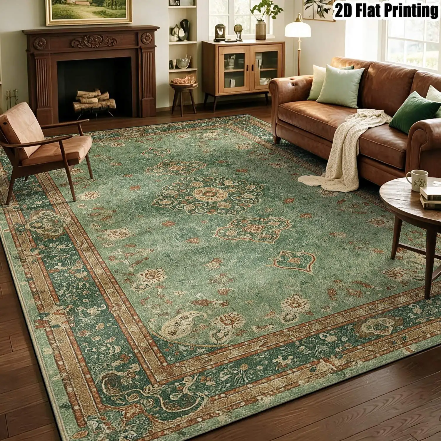 1Pc 2D Printed Green Retro Floral Carpet European Retro Geometric Style, Home Decor, Multi-Size, Machine Washable, Suitable for Entrance, Dining Room, Foyer, Bedroom, Living Room.