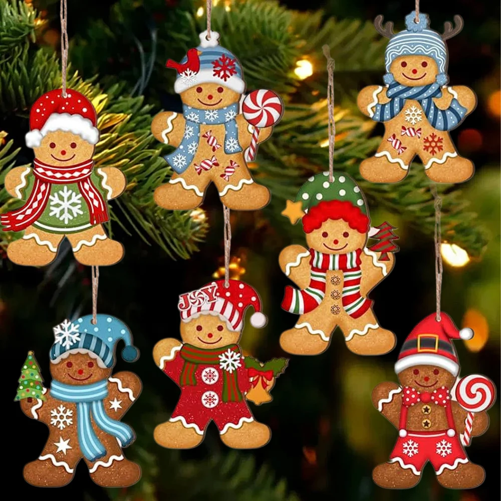 12PCS Christmas Tree Gingerbread Man Pendants Wooden Ornaments Cute Cartoon Xmas Hanging Decorations DIY Home Party Decoration