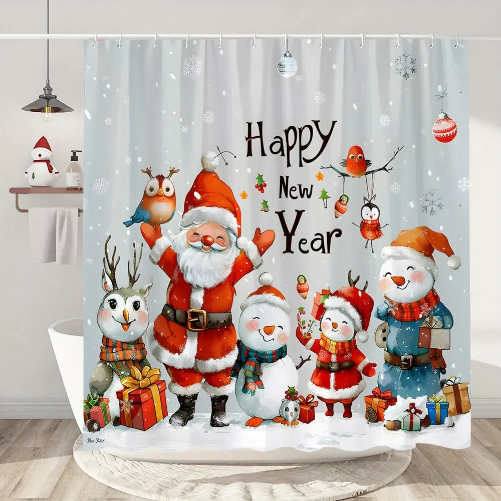 Snowman Christmas Shower Curtain Christmas Tree Gifts Red Bird Winter Snow Fabric Printed Bath Curtain Bathroom Decor With Hooks