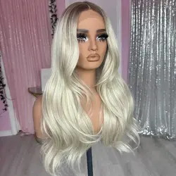 Ombre Brown Roots Platinum Blonde #60 Wavy Synthetic Black Women Wigs Natural Look Glueless 13x4 Lace Front Synthetic Hair Wigs