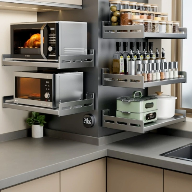 

Kitchen Microwave Rack, Wall-Mounted Storage Shelf, Multi-Functional Organizer Stand, No-Drill Oven Rack for Kitchen Storage